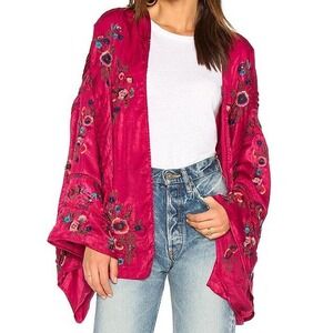 Free People Ariel Satin Embroidered‎ Beaded Kimono Size M/L Raspberry Red Boho